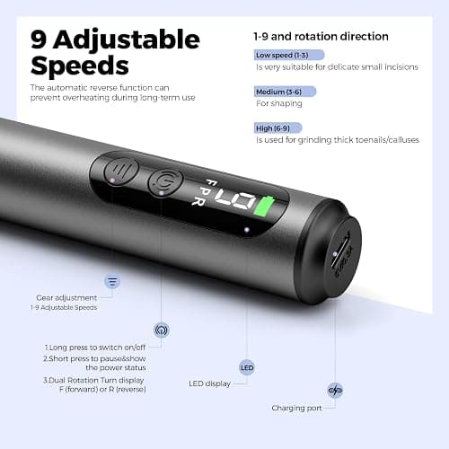 Cordless Electric Nail Drill Kit Professional Portable Electric Nail File Set Machine for Acrylic Gel Nails,Toenail Hand Feet Care,9 Speed with LED Display Ideal Gift for Men and Women-DeepGrey thumbnail 5