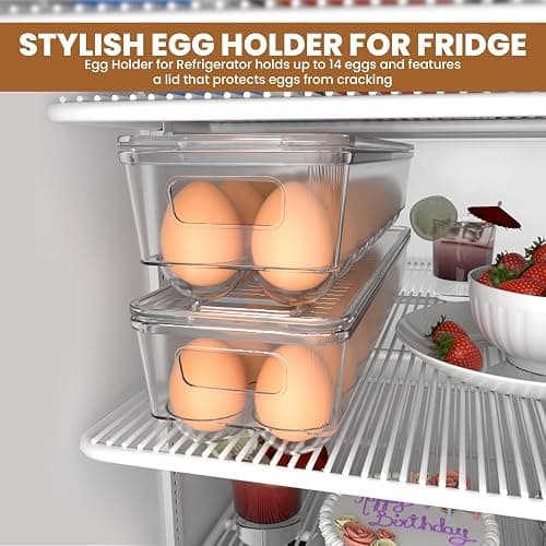 KICHLY Pack of 1 - Egg storage for fridge - Egg Holder for Fridge - 14 Egg Container With Lid & Handle, Egg Container For Refrigerator, Stackable Plastic Egg Tray with Lids (Clear) thumbnail 5