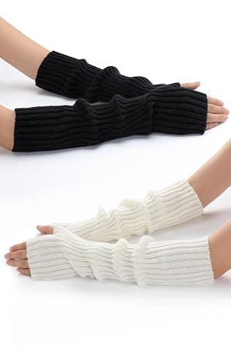 Clothirily Arm Warmers, Women's Long Knit Fingerless Gloves with Thumb Hole | Stretchy Knit Fabric, Long Sleeve Coverage to Elbow, Ideal for Layering & Cold Weather, Fashionable Ribbed Texture, 2 Pairs thumbnail 8