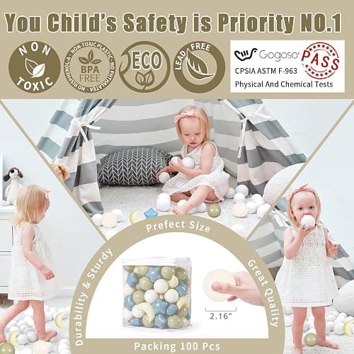 GOGOSO Ball Pit Balls Stars Moon Shapes Plastic Pitballs for Toddler Play Tent Baby Photo Props Kids Pool Water Toys Kiddie Pool Party Decor, Cream Blue+Yellow+Green+White,100PCS thumbnail 3
