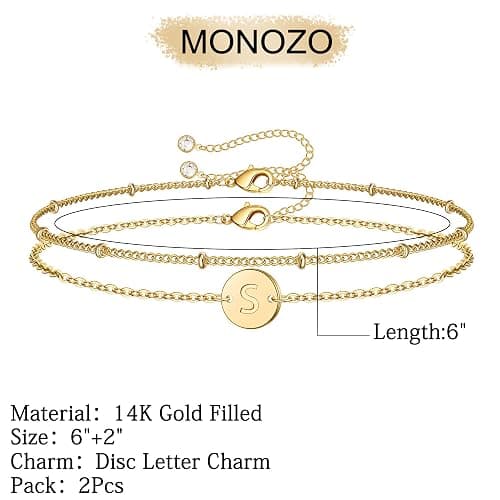 MONOZO Gold Initial Bracelets for Women Girls Christmas Gifts - Dainty 14K Gold Plated Layered Beaded Letter Initial Bracelet 26 Alphabet Disc Monogram Charm Bracelet Jewelry Christmas Gifts for Women thumbnail 2