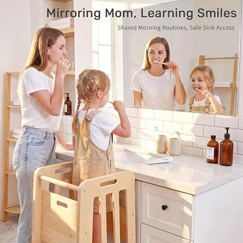 WINGYZ Toddler Tower - Anti-Tip Natural Wood Learning Stool for Kids 18M-6Y, 150lb Capacity Kitchen Helper Stool with 3-Height Adjustable Platform and Sliding Door Access, 20lb Portable Design, Wood thumbnail 6