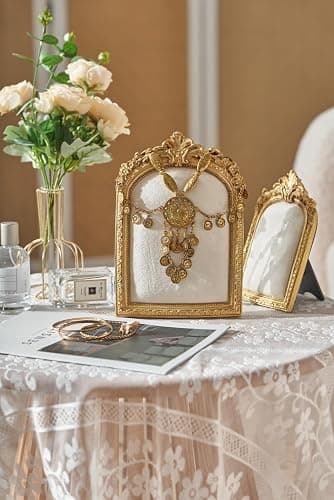 HSDDHOME Large Two-Piece Gold Resin Jewelry Display Stand, Vintage Photo Frame Earring Holder, Velvet Necklace Storage Box, Elegant Décor for Jewelry and Collectibles thumbnail 8