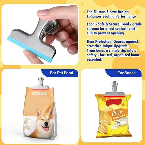 HOUSE AGAIN 4 Pack Stainless Steel Magnetic Chip Bag Clips Covered with Silicone - NO More Sharp Edges - Color Coded for Food Bags - Hang Postcards Heavy Duty for Kitchen and Office, 3 Inches Wide thumbnail 4