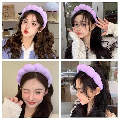 AOENJIE Spa Headbands for Washing Face or Makeup, Sponge Bubble Skincare Headbands, Puffy Terry Cloth Hairband for Women, Skin Care Makeup Headwear Hair Accessories for Girls(Purple) thumbnail 5