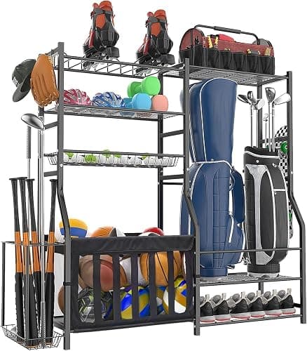 organizelink Garage Sports Equipment Organizer, Strong Load Bearing Golf Bag Organizer, Multi Use Golf Ball Rack Basketball Rack for Sports Gear and Outdoor Toy Ball Storage - Image 1