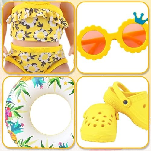 WanderGo 4 Teilig Badeanzug Puppen Set Puppenkleidung Sommer Schwimmset für 35–45 cm Schwimmpuppe Gelb Badeanzug mit Blumenmuster, Schwimmring, Sonnenbrille, Strandschuhe Puppenzubehör thumbnail 5