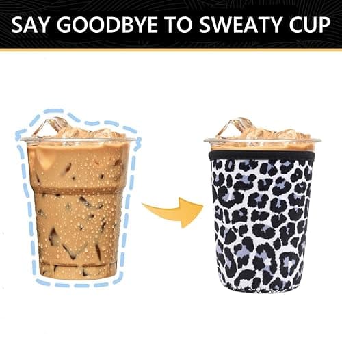 YR Reusable Neoprene Insulator Sleeve for Iced Coffee Cups, 3 Pack Coffee Coolies sleeves for Iced & Hot Drinks, Cold Beverage Cooler Compatible with Starbucks Coffee and More (Snow Leopard) thumbnail 4
