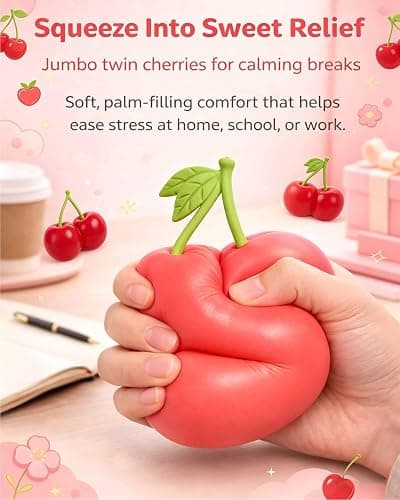 Gytera Giant Cherry Squeeze Toy, Slow Rising Stress Relief Fidget Toy, Cute Fruit Shaped Squishy Fidget Toys for Adults, Anxiety Relief Sensory Toy for Party Favors, Birthday Gifts, Desk Decor thumbnail 4
