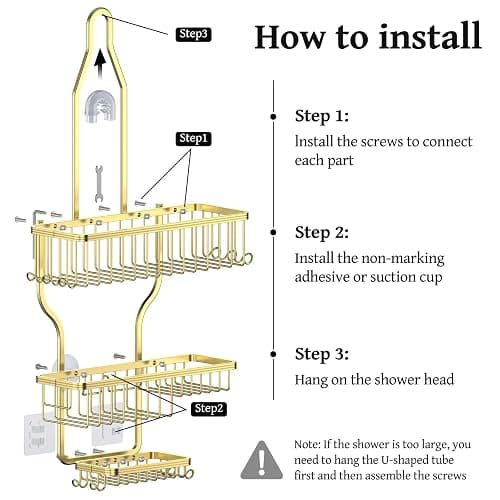 YASONIC Never Rust Shower Caddy Hanging Organizer - Aluminum Over-the-Showerhead Rack With 10 Hooks for Razor/Sponge and Soap Basket - Gold thumbnail 8