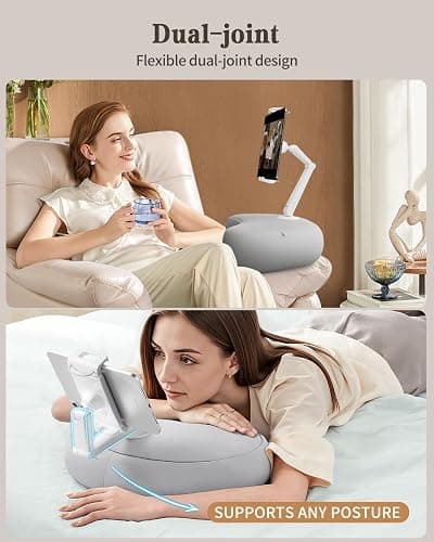 SAIJI Kindle Pillow Stand, iPad Stand Compatible with 4.7”-15.6” Kindle, Phone, iPad, 360° Adjustable Lap Beanbag Tablet Holder for Bed with Flexible Dual Axis Arm and Microbead Cushion (Gray) thumbnail 4