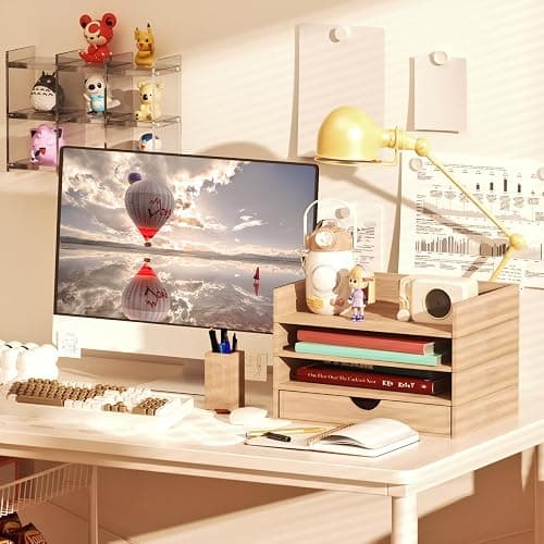 HeyiQiL Paper letter tray, Stackable 4-Tier Wood Desk File Document Organizer with Drawer and Pen Holder For Home Office Classroom thumbnail 2