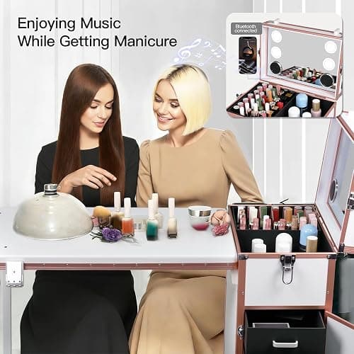 Rolling Portable Manicure Table with 3 Drawers, Lockable Makeup Train Case with Mirror & Nail Polish Organizer, Foldable Nail Desk with Wheels & Handle for Mobile Nail Techs & Salon Use,White thumbnail 3
