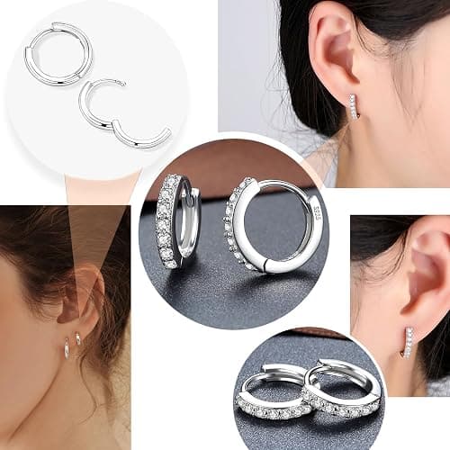 Surgical Steel Flat Back Earrings Set for Multiple Piercing Sensitive Ears,Sterling Silver Hypoallergenic Small Cartilage Huggie Hoop Earrings Titanium Tiny CZ Pearl Opal Stud Earrings for Women thumbnail 4