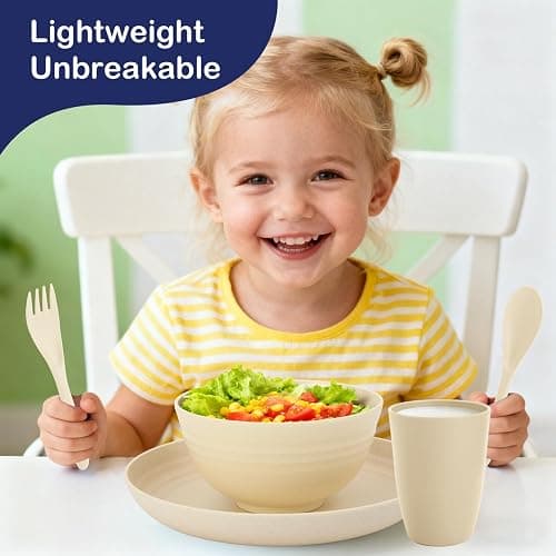 Perlapoc Kitchen Wheat Straw Dinnerware Sets for 4, Unbreakable Kids Dish Set 20 PCS - Dinner Plate/Cereal Bowl/Cup/Fork/Spoon, for Outdoor Camping, RV, Apartment Essentials - Beige thumbnail 7