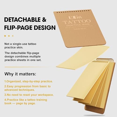 INKin 10Pcs Tattoo Practice Flipbook, 2mm Thick Silicone Fake Skin with Double-Sided Tattoo Practice Sheets, DIY Training Journal, Portable and Reusable Tattoo Skin Book for Beginners (Yellow) thumbnail 5