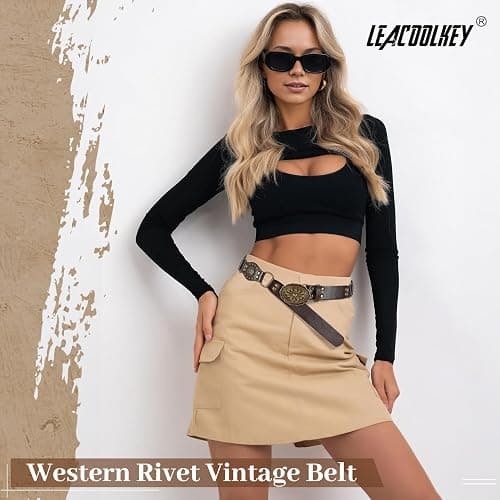 LEACOOLKEY Western Concho Rivet Belt for Women Vintage Leather Belt Western Waist Belt for Skirts Jeans thumbnail 2