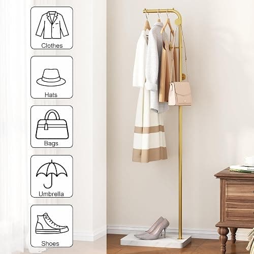 HOMEFORT Metal Coat Rack, Modern Coat Tree with 3 Hooks, L Shaped Coat Hanger Stand, Freestanding Coat Rack for Entryway and Corner, Gold thumbnail 5