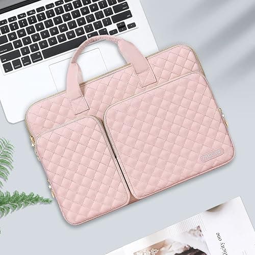 MOSISO 360 Protective Laptop Case 14 inch, 14 inch Laptop Sleeve | Compatible with HP Lenovo Dell ASUS Acer, HP Stream, Dell Latitude,Square Quilted Bag with 2 Pockets&Handle&Belt, Chalk Pink thumbnail 8