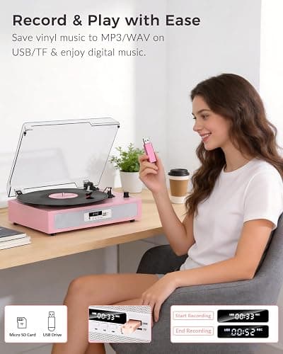 VICTRESS Vinyl Record Player, Built-in Dual Speakers, Anti-Vibration, Pink | Vintage Vinyl Player, 3-Speed Bluetooth Turntable with USB Recording & Playback, 5 EQ Modes, RCA Out, LED Display, Auto Stop thumbnail 4