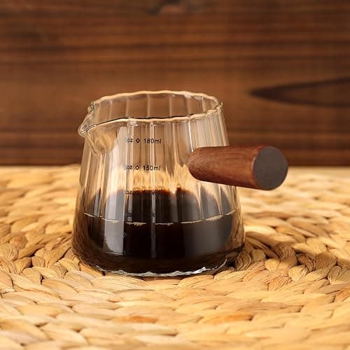 Joeyan 6 oz Glass Measuring Cups with Spout,Borosilicate Glass Triple Pitcher with Scale,Origami Style Espresso Shot Glasses with Wood Handle for Coffee Milk,Dishwasher Safe thumbnail 8
