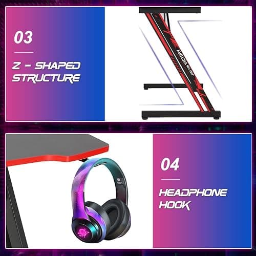 BestOffice Gmaing Desk Z Shaped 47 inch PC Computer Desk Computer Workstation Ergonomic Gaming Table with Headphone Hook for Game Players, Red thumbnail 7