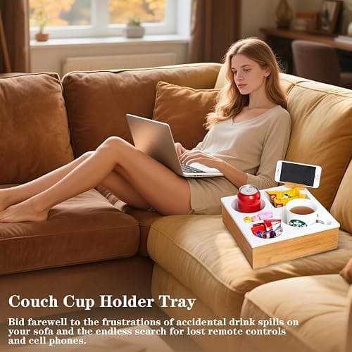 2-in-1 Bamboo Sofa Organizer - Waterproof Couch Tray with 2 Cup Holders (Fits 32oz Bottles), Snack Bowl & Remote Slot - Portable Lap Desk for Bed, RV & Outdoor Use (White) thumbnail 5