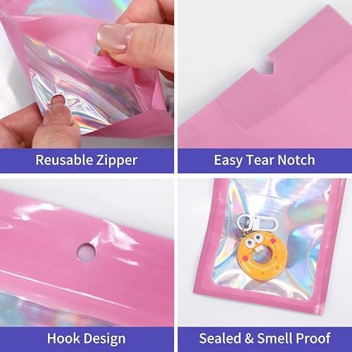 Motomy 100Pcs Pink Holographic Bags 3x4.7 Inch Resealable Mylar Packaging | Smell Proof Reusable Bag for Small Business Foil Zipper Pouches for Jewelry Candy Keychain Christmas Gift Bags Party Favors thumbnail 5