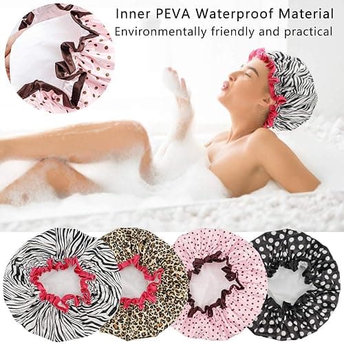 TCOTBE 4 Pieces Shower Cap for Women, Elastic and Reusable, Environmental Protection Hair Bath Caps, Double Waterproof Layers Bathing Hat thumbnail 4