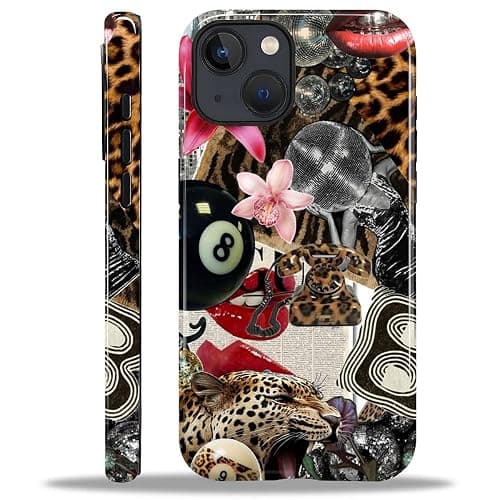 Compatible with iPhone 15 Plus Case - Dual-Layer Protection, Hard Shell with Silicone Interior,Slim Scratch Resistant Shockproof for Woman Men - Leopard Print Retro Collage - Image 1
