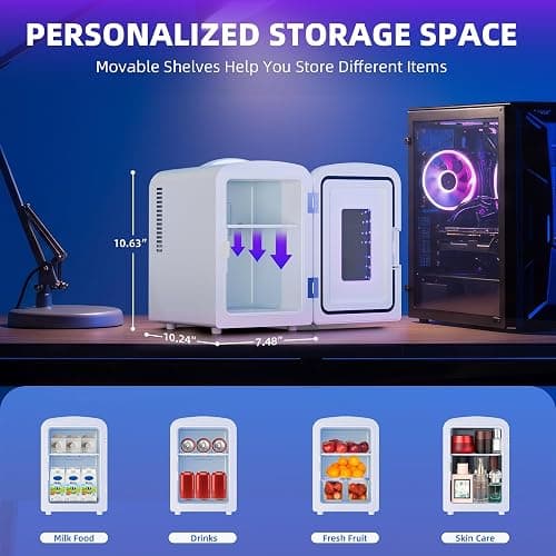 Antarctic Star Mini Compact Refrigerator with Gaming Light, 4L Capacity/6 Cans Portable Mini Fridge, for Bedroom,Car,Office and Dorm, Small Cooler for Cosmetics, Beverage and Food, White thumbnail 2