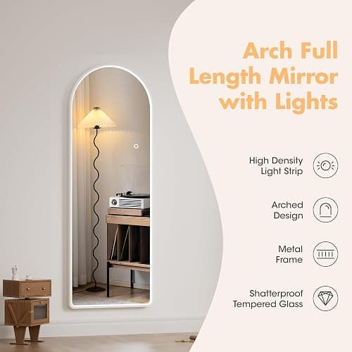 Hasipu 55" X 18" Full Length Mirror with Lights, White Frame Arch Led Mirror Full Length and 3 Colors Temperatures & Brightness Adjustable,Light Up Mirror Full Body for Bedroom Cloakroom Living Room thumbnail 8