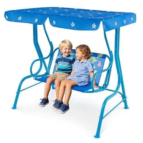 Costzon Kids Porch Swing, All-Weather Patio Swing Bench Hammock w/Adjustable Canopy & Safety Belts for 2 Children, Outdoor Swing for Backyard Garden Balcony Poolside (Blue, Dinosaur) - Image 1