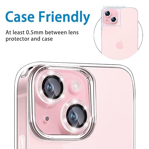 Hsefo Compatible with iPhone 15 & 15 Plus Camera Lens Protector, Bling Glitter 9H Tempered Glass Camera Cover Anti Scratch Shockproof Screen Protector Individual Metal Lens Ring - 2PCS Glitter Pink thumbnail 5