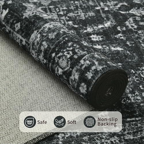 Rugxara 4x6 Rug for Living Room Bedroom, Black Washable Throw Rugs, Vintage Retro Boho Area Rugs, Non Slip & Low Pile Accent Throw Carpet for Indoor Dining Room, Kids Room and Office(Black 4x6ft) thumbnail 4