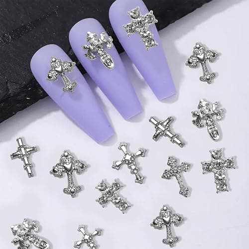 TESGADGETS 60 Stück 3D-Nagelanhänger aus Metalllegierung mit Kristallkreuzen – ideal für DIY-Punk-Nagelkunst von Frauen und Mädchen, mit Strasssteinen, Silber thumbnail 4