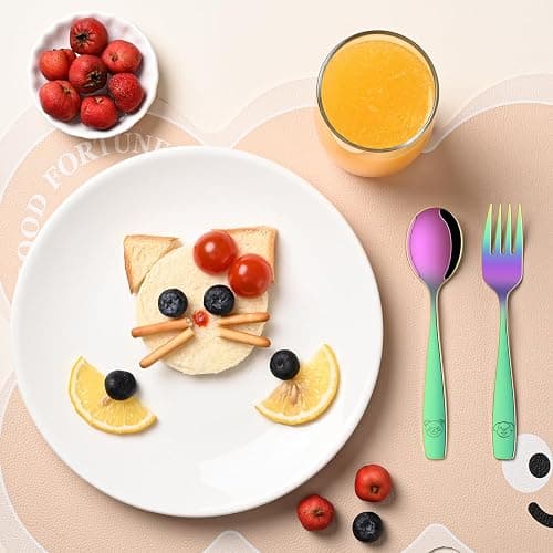 DEHOV Rainbow Toddler Eating Utensils Set,Set Of 12 Food Grade Stainless Steel Silverware Sets For Kids,Dishwasher Safe Children Small Metal Spoons And Forks Flatware Sets thumbnail 2