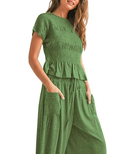 Antnation Womens 2 Piece Smocked Top Wide-Leg Pants Set High-Waisted Lounge Outfit with Pockets Casual Boho Matching Set thumbnail 2
