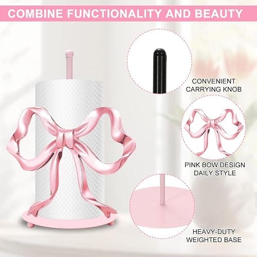 JarThenaAMCS Trendy Bow Paper Towel Holder Cute Pink Bow Knot Kitchen Decor Accessories Large Metal Towel Holder Stand for Coquette Home Party Bathroom Countertop - Bow thumbnail 5