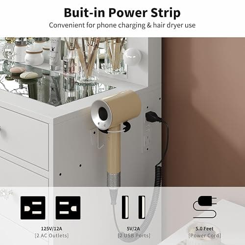 11 Drawers Vanity Desk with Power Outlet, Makeup Vanity with Mirror and 12 LED Lights, 3 Lighting Modes, Vanity Set, Glass Top, Dressing Table for Bedroom,Dressing Room, White thumbnail 7