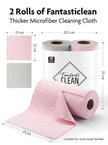 Fantasticlean Mikrofaser Reinigungstuch Rolle - 20 Stück x 2, Abreißbare Putztücher mit 300 GSM, Wiederverwendbare Fusselfreie Lappen Geschirrtücher 25x25cm, Rosa & Kaltgrau thumbnail 2