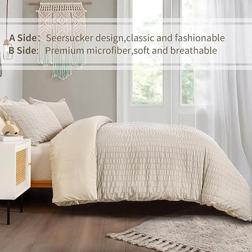 Beige Seersucker Duvet Cover Double Size Puckering Seersucker Bedding Set,2 Pillowcases and Zipper Closure,Soft Microfiber,200x200 cm thumbnail 3