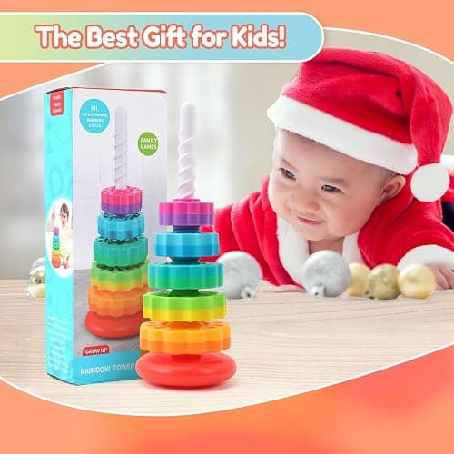 Riuja Baby Spinning Stacking Toys, 1-3 Rainbow Ring Stacker Montessori Toys for Babies, Sensory Toys for Toddlers, Christmas and Birthday Gifts Suitable for Boys and Girls (14 inches) thumbnail 7