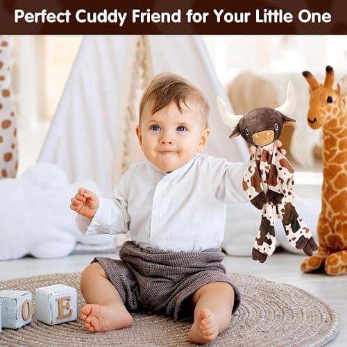 Gicoherero Longhorn Baby Security Blanket Lovey Baby Shower Cow Spotted Cowhide Print Stuffed Cow Snuggler First Birthday Unisex Baby Plush Sleeping Plushie Items Nursery Newborn Gift thumbnail 2
