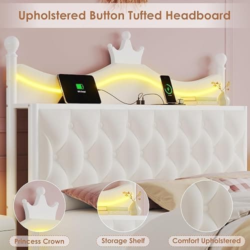 Keyluv Queen Size Upholstered LED Canopy Bed Frame with Charging Station and Drawer, Button Tufted Crown Headboard with Storage Shelf, Two-Purpose Removable Four Poster Design Platform Bed, Beige thumbnail 4