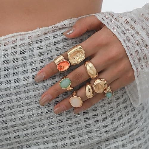 Todenb Chunky Gold Rings for Women，Open Stackable Tiger's Eye Stone Statement Rings Set Silver Vintage Knuckle Ring Fashion Chunky Jewelry Accessories thumbnail 3