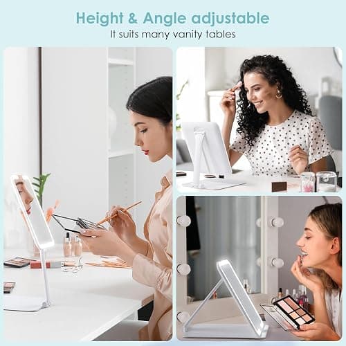 7.8" x 6.1" Rechargeable Travel Makeup Mirror with Lights and Small 10X Magnification, Foldable Stand with Adjustable Height & Angle, 3 Light Colors LED Lighted Vanity Mirror (White) thumbnail 3