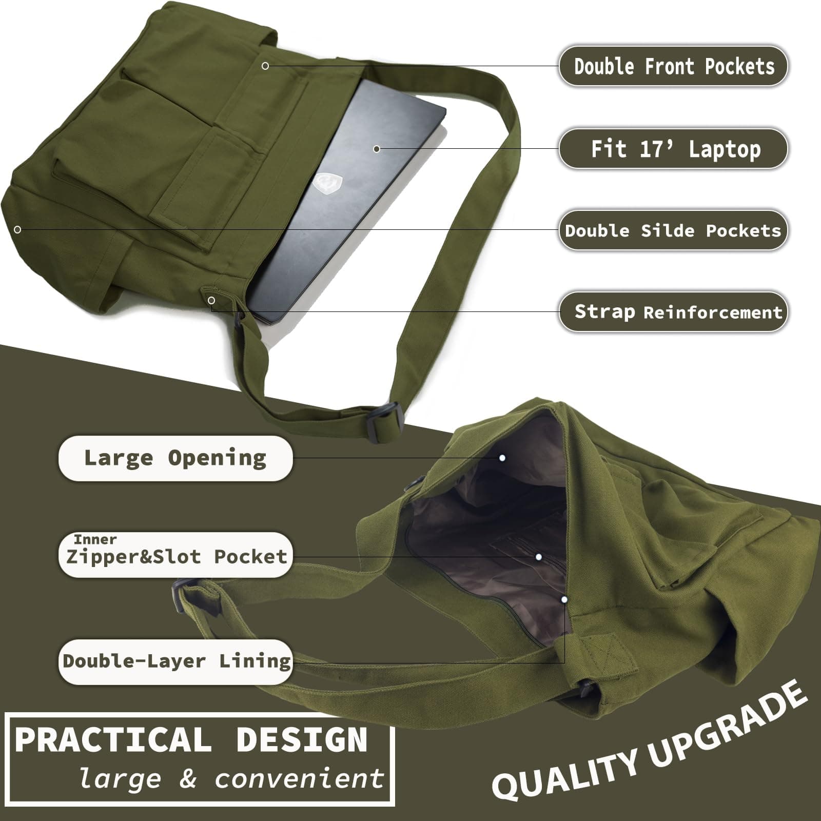 Canvas Messenger Bag Large Hobo Crossbody Bag with Multiple Pockets Casual Shoulder Tote Bag for Women and Men thumbnail 5