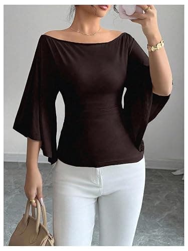 OYOANGLE Women's Batwing Bell Sleeve Tops Off The Shoulder T Shirts | 2026 Trendy, Slim Fitted, 3/4 Sleeves, Fall, Dressy, Casual, Blouses thumbnail 2
