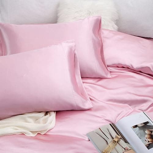 Vonty Satin Sheets Queen Size Silky Soft Satin Bed Sheets Pink Sheet Set, 1 Deep Pocket Fitted Sheet + 1 Flat Sheet + 2 Pillowcases | Silky Satin Protects Hair, Reduces Facial Wrinkles, Deep Pocket Up To 15 Inch, Machine Washable, Year-Round Comfort thumbnail 5